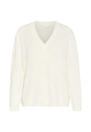 Pulover alb tricotat cu decolteu în formă de V, având un model texturat în diamante și mâneci lungi, terminat cu manșete și tiv cu nervuri.