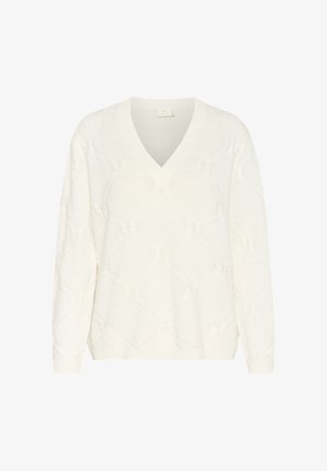 Pull en tricot blanc avec un col en V, présentant un motif en losanges texturé et des manches longues, terminé par des poignets et un ourlet côtelés.