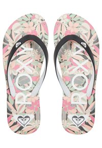 Infradito con un motivo floreale in rosa pastello, verde e bianco, dotati di una tracolla in gomma nera e di un logo "ROXY" in evidenza sulla suola.
