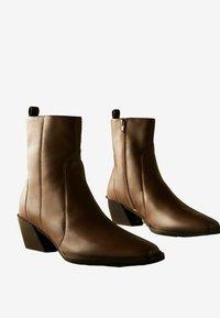 Bottines en cuir marron avec un bout pointu, fermeture éclair sur le côté et talon carré. Texture lisse avec un détail de couture minimal.