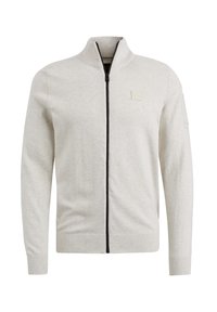 Hellgrauer Reißverschluss-Pullover mit hohem Kragen, schwarzem Reißverschlussdetail und gerippten Bündchen. Verfügt über ein kleines, strukturiertes Logo-Patch auf der Brust.