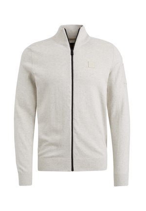 Hellgrauer Reißverschluss-Pullover mit hohem Kragen, schwarzem Reißverschlussdetail und gerippten Bündchen. Verfügt über ein kleines, strukturiertes Logo-Patch auf der Brust.