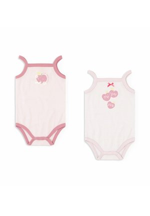 Dos bodies para bebé con ribete rosa, tirantes finos, estampados con temática de fresas y cierres de presión sobre fondo blanco.