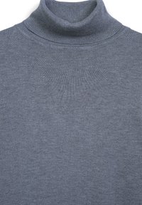 Grauer Rollkragenpullover aus weichem Strickstoff, mit einem gerippten Kragen und glatter Textur, in nahtlosem Design.