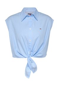 Ljusblå kortärmad skjorta med vertikala vita ränder, korta ärmar, spetsad krage och en framknutningsdetalj. Tommy-logga på bröstet.
