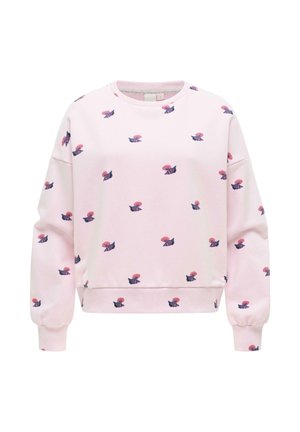 Lyserød langærmet sweatshirt med små marineblå og lyserøde blomsterprint spredt over stoffet.