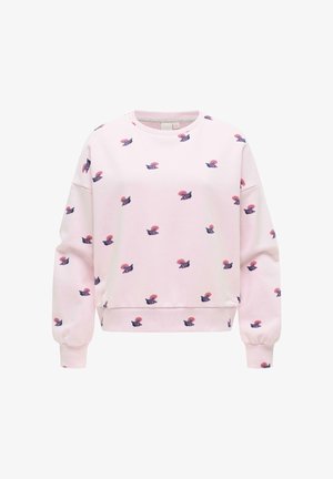 Lys rosa genser med lange ermer og små marineblå og rosa blomster mønstre spredt over stoffet.