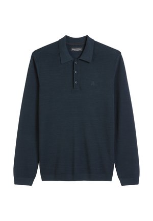 Navy blue long-sleeve polo shirt with a textured pattern, a classic collar, three button placket, and a subtle logo on the chest.