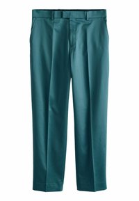 Teal-huonehousut pehmeällä pinnalla, suora lahjemuoto, vyölenkit ja viistot etutaskut. Muotoiltu sovitus ja vähäinen yksityiskohtaisuus.