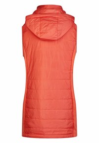 Hoodie-Weste ohne Ärmel in leuchtendem Korallenrot, mit gestepptem Muster und geradem Schnitt sowie Stichdetails entlang der Seiten.