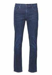 Tumši zili džinsa džinsi ar klasisku piecu kabatu dizainu un taisnu kājas griezumu. Audums ir gluds ar viegli strukturētu virsmu.