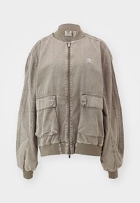 Gray bomber jacket with a zip front, two front pockets, ribbed cuffs, and collar; features a white logo on the left chest and textured fabric.