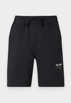 Calções pretos de algodão com cintura elástica, cordão e detalhe de logótipo branco. Textura suave e design até ao joelho.