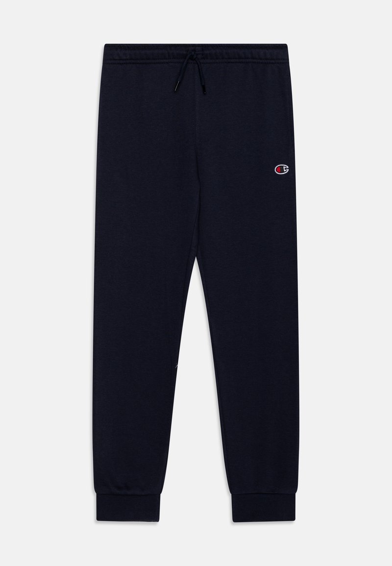 Pantalones jogger azul navy en suave mezcla de algodón, con cintura elástica y cordón ajustable, y puños de canalé. Pequeño logo bordado en el lateral.