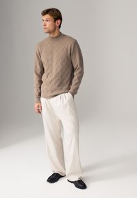 Beige gestrickter Pullover mit Zickzackmuster, hohem Kragen, kombiniert mit weißen, plissierten Hosen und schwarzen Schuhen, stehend vor einem neutralen Hintergrund.
