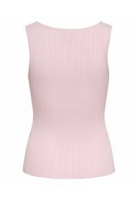 Top sans manches en tricot côtelé rose pâle avec une taille ajustée et un large décolleté doucement arrondi.