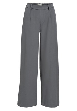 Wide-leg trousers in light grey fabric, featuring a smocked waistband, front pleats, and a smooth, soft texture.