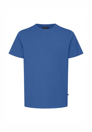 Camiseta de algodón azul con cuello redondo y mangas cortas. Presenta una textura suave y un dobladillo recto. Sin patrones ni herrajes visibles.