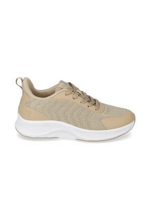 Scarpa da ginnastica beige lavorata a maglia con chiusura frontale con lacci, collo imbottito, linguetta sul tallone e suola spessa bianca texturizzata.