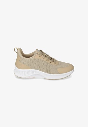 Scarpa da ginnastica beige lavorata a maglia con chiusura frontale con lacci, collo imbottito, linguetta sul tallone e suola spessa bianca texturizzata.