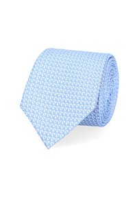Jasnoniebieski krawat z powtarzającym się trójkątnym wzorem, wykonany z gładkiego materiału. Rolowany design eksponuje szczegóły tekstury i koloru.