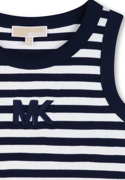 Chemise sans manches en maille côtelée à rayures bleu marine et blanches avec bordure bleu marine et logo brodé "MK" sur la poitrine, taille 8, 126 cm.