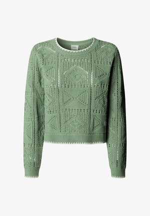 Maglione verde lavorato a maglia con motivi geometrici a diamante e triangolo, maniche lunghe, scollo rotondo e bordature bianche su collo e polsini.