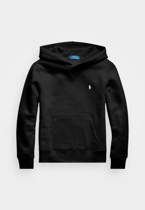 Sudadera negra de tejido suave, con bolsillo frontal, puños acanalados y un pequeño logo blanco en el pecho. Diseño de capucha en forma de V.