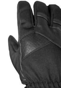 Schwarze Handschuhe aus Leder und Stoff, mit einer strukturierten Oberfläche, elastischen Bündchen und verstärkten Nähten an den Fingern.