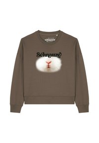 Bruine sweatshirt met een close-up van de neus en snorharen van een witte konijn onder het woord "Schnauze" in zwarte gestileerde tekst op de borst.
