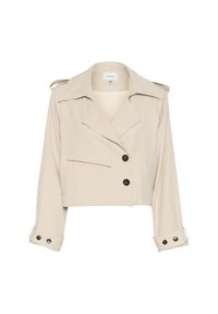 Beige cropped Jacke aus glattem Stoff mit großem Kragen, doppelreihigem Knopfverschluss und Klapptaschen.