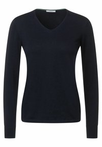 Mörkblå långärmad tröja med V-ringning, tillverkad av ett mjukt stickat tyg. Har ribbade muddar och fåll, med en kontrasterande kant på insidan av kragen.