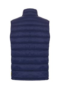 Marineblaue, ärmellose Steppweste mit horizontalem gestepptem Design und hohem Kragen. Hat eine glatte, glänzende Textur und ein kleines Markenetikett am Saum.