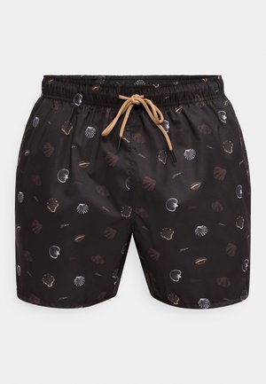 Shorts de bain noirs avec une taille élastique, un cordon beige, et un motif de différentes coquillages en tons bruns et blancs.