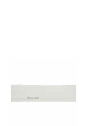 Cinta elástica blanca para la cabeza con la palabra "VELITES" impresa en gris claro en el centro delantero.