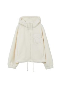 Giacca in pile color crema con cappuccio, chiusura frontale con zip, tasca sul petto, e lacci regolabili all'orlo e ai polsini.