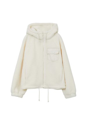 Hellefleecejacke mit Kapuze, Vorderreißverschluss, einer Brusttasche und verstellbaren Kordeln am Saum und an den Manschetten.