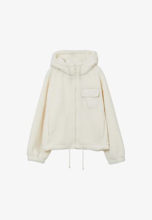 Hellefleecejacke mit Kapuze, Vorderreißverschluss, einer Brusttasche und verstellbaren Kordeln am Saum und an den Manschetten.