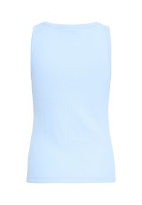 Débardeur côtelé bleu clair sans manches avec un col rond, vu de dos sur un fond blanc.
