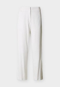 Λευκό παντελόνι με κάθετες γκρι ρίγες, σε ίσια γραμμή και με ραμμένη μέση. Ελαφρύ ύφασμα με λεία υφή.