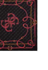 Foulard en soie avec un fond noir et un motif géométrique, agrémenté de rubans rouges et de motifs de chaînes dorées le long des bords.