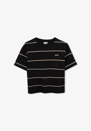 Zwart T-shirt met korte mouwen met dunne witte en beige horizontale strepen en klein wit "BOSS" logo op de linkerborst.