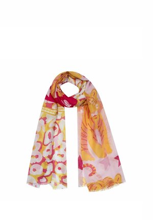 Colorful scarf with yellow, pink, and red floral and tiger illustrations, displayed folded with fringed edges on a white background.