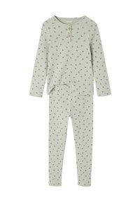 Long-sleeve pale green ribbed top and matching leggings with small pink and dark floral pattern and two wooden buttons on the top.