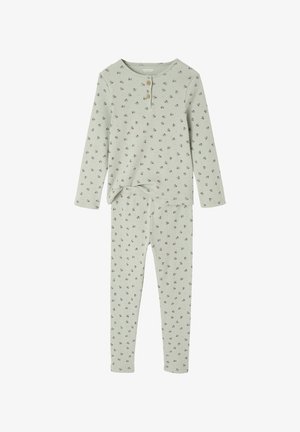 Long-sleeve pale green ribbed top and matching leggings with small pink and dark floral pattern and two wooden buttons on the top.