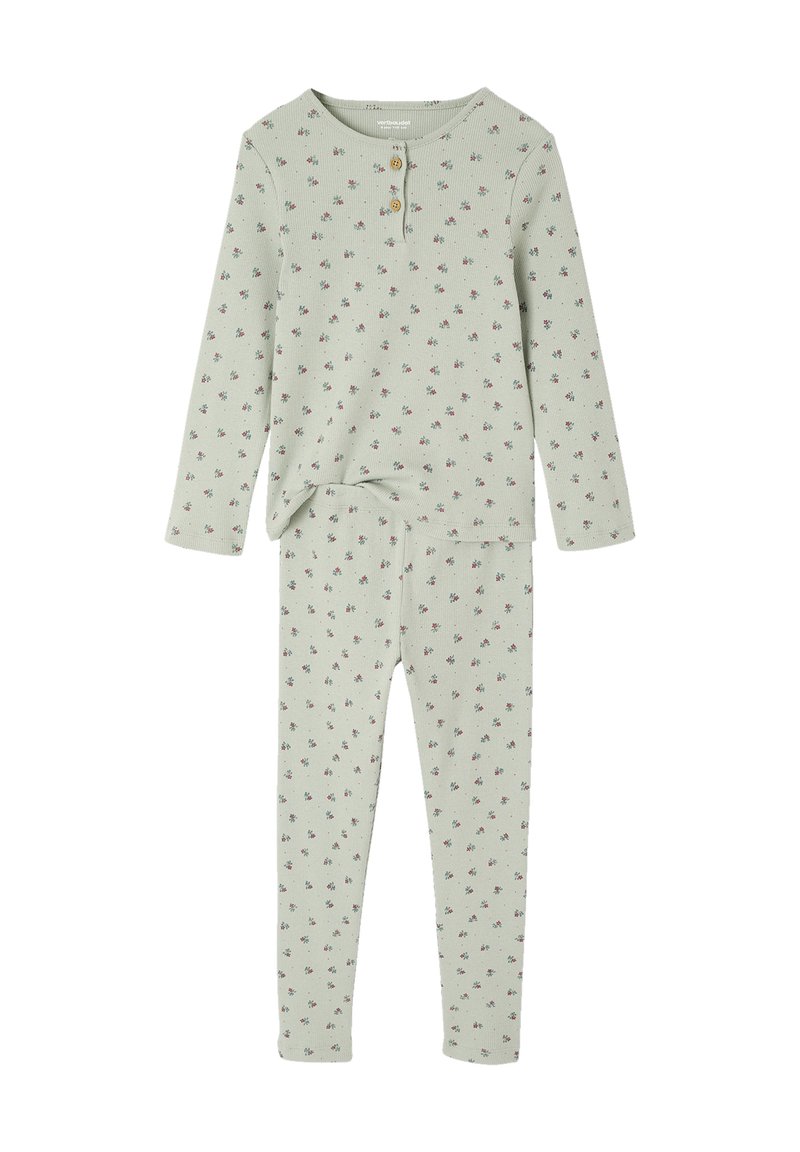 Long-sleeve pale green ribbed top and matching leggings with small pink and dark floral pattern and two wooden buttons on the top.