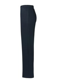 Navyblauwe rechte broek met een elastische tailleband. Gemaakt van een textiel met structuur, gladde afwerking, zonder zakken of zichtbare hardwaredetails.