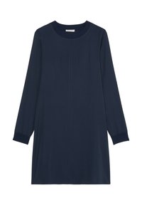 Marineblaue Langarmkleid mit Rundhalsausschnitt, glatter Textur und gerader Silhouette mit gerippten Bündchen. Keine sichtbaren Muster.