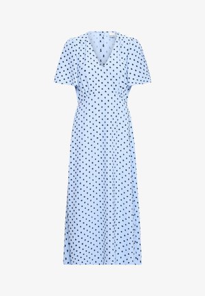 Hellblaues Midikleid mit schwarzen Punkten, kurzen Puffärmeln, V-Ausschnitt und tailliertem Bund.