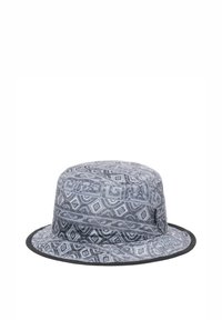 Grau gemusterter Bucket Hat mit breiter Krempe, der geometrische Designs und einen kontrastierenden schwarzen Besatz am Rand aufweist.